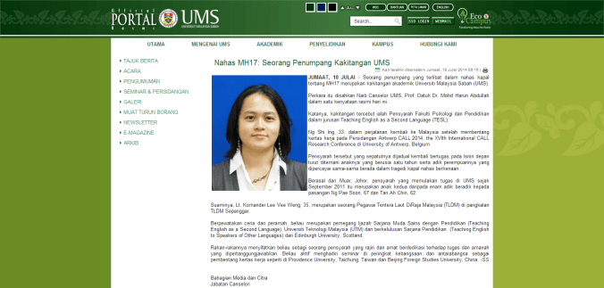 Nahas MH17  Seorang Penumpang Kakitangan UMS